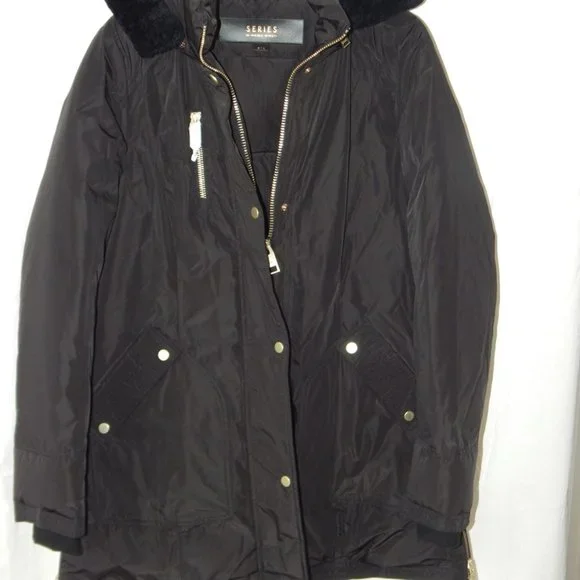 NB Series Nicole Benisti CLAREMONT Shearling Trim Down Parka Coat Black LRG NWT